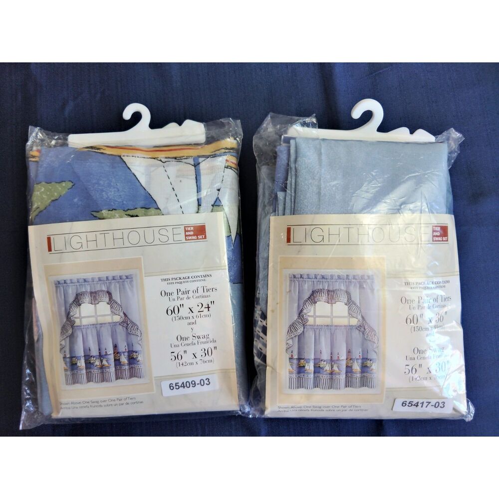 VTG Lighthouse Window Nautical Curtains Tier & Swag Set NEW Two Pairs